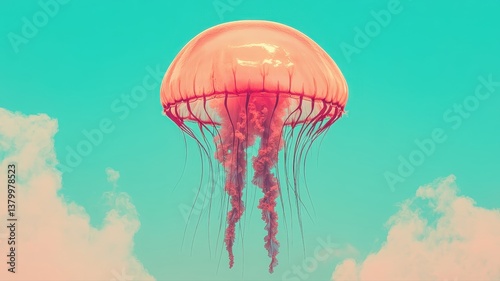 Ethereal Jellyfish Floating in a Dreamlike Sky with Soft Clouds photo