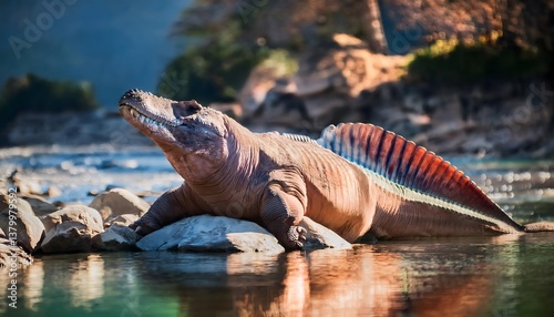 A large dinosaur is laying on a rock in a river