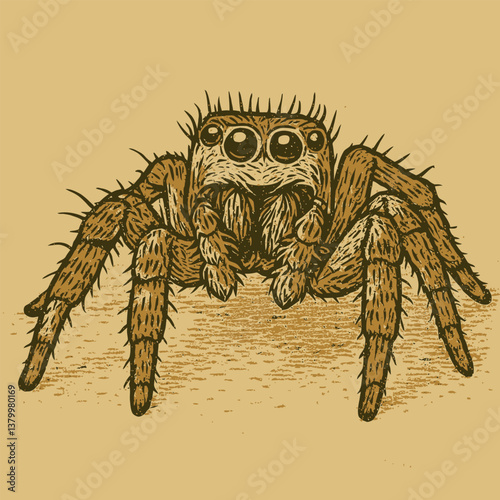Illustration of a Detailed Brown Spider with Eight Legs and Multiple Eyes