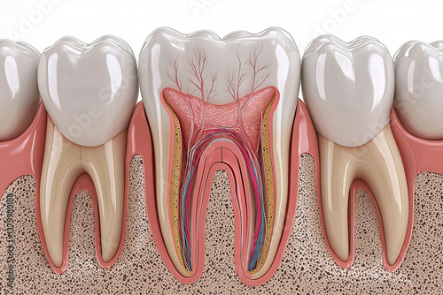 A dental illustration demonstrating the process of root canal therapy being performed.