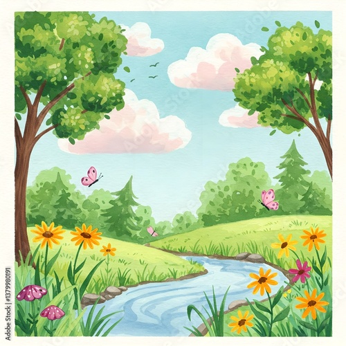Watercolor Landscape with River, Flowers and Butterflies. Earth day illustration card