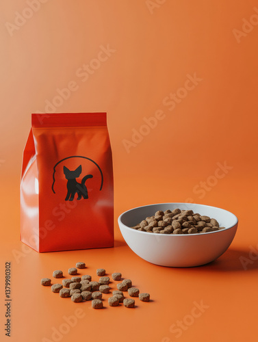 Modern branding mockup featuring pet food bag, bowl, and clean layout against orange background