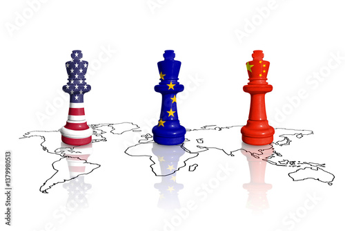 Photography Chess made from USA, EU and China flags on a world map