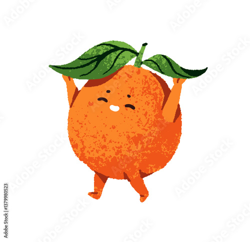 Cute character of happy orange with green leaf walks. Funny tropical fruit strolls with hands up, smiles. Fresh garden food for children. Flat isolated drawing vector illustration on white background