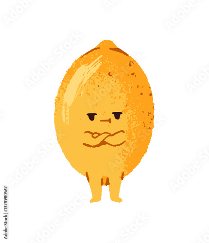 Funny children character of lemon stands with dissatisfied, frowning face, crosses hands. Cute citrus fruit with annoyed, displeased expression. Flat isolated drawing vector illustration on white