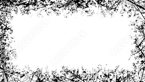 Grunge black frame with messy scratched texture, empty rectangle template isolated on white background. Vector clipart for aged or distressed or rubbed or grimy effect, creative banner back design.