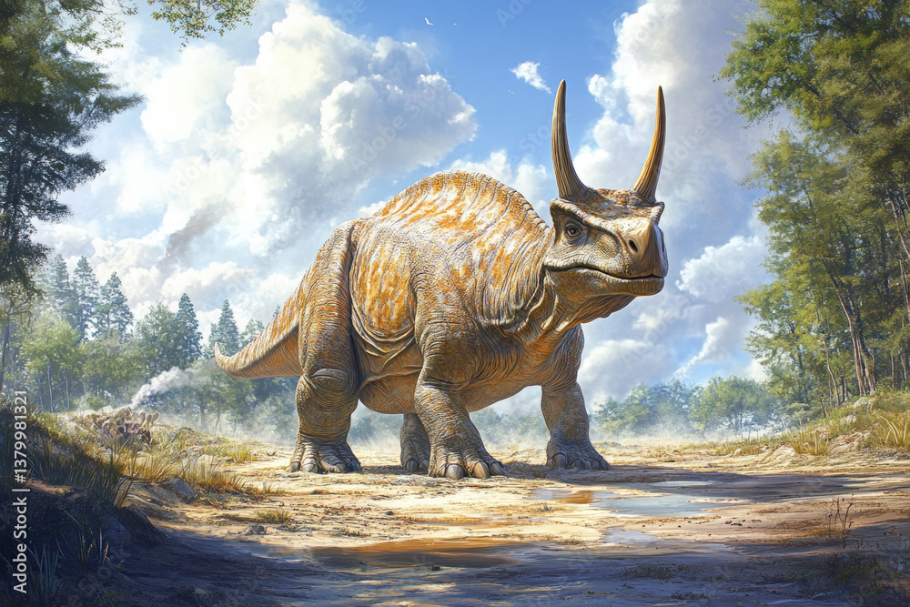 Fototapeta premium A lifelike illustration of a Torosaurus in a prehistoric landscape