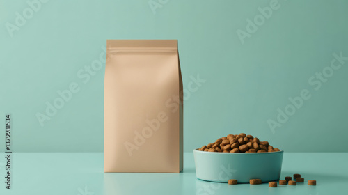 Pet food branding mockup featuring a bag, bowl, and minimalistic design on a clean turquoise background suitable for marketing