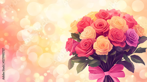 Soft illustration of a pink and yellow rose bouquet with pink bow against a bright, pastel yellow and pink bokeh background
