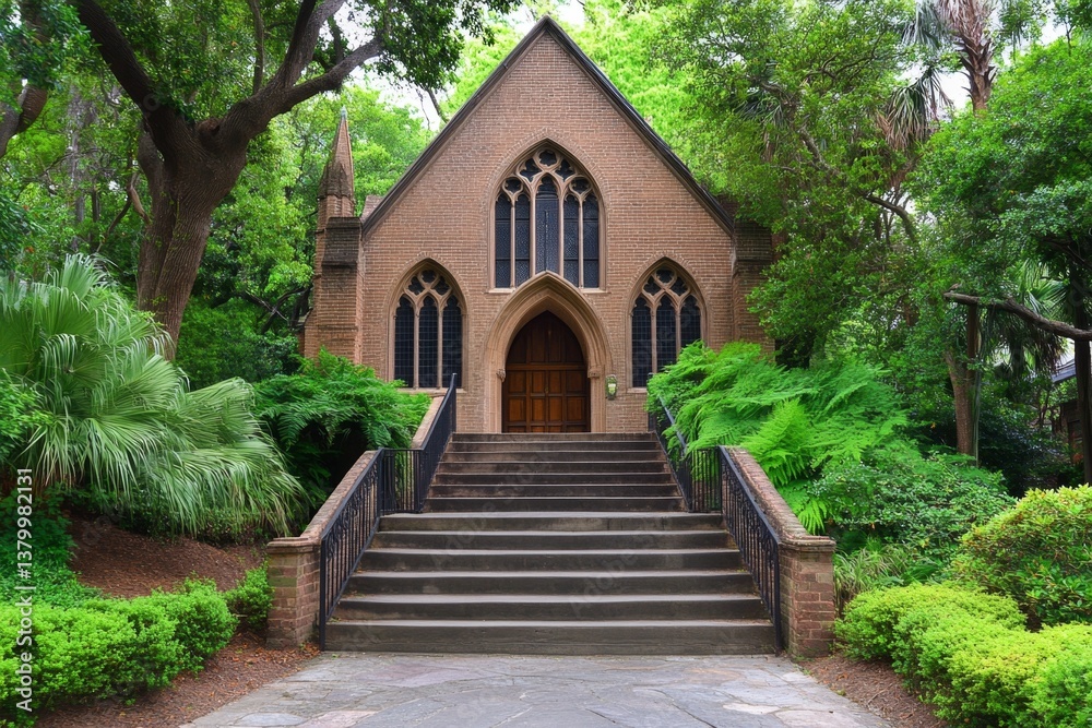 Obraz premium A historic church in downtown Charleston, with intricate architecture and a lush garden courtyard