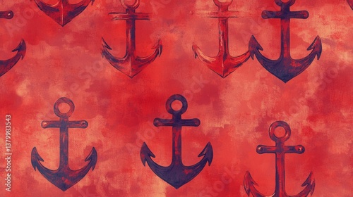 Nautical Pattern of Anchors on a Vibrant Red Background for Artistic Use and Design Elements