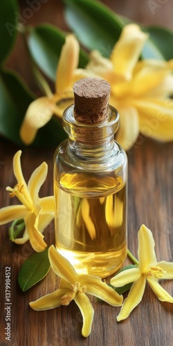Obraz na płótnie Ylang Ylang Essential Oil in a Glass Bottle with Fresh Ylang Ylang Flowers on a Wooden Table w salonie