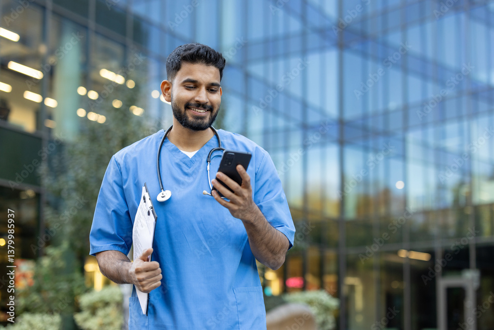 Obraz premium A medical professional looks at his smartphone, smiling, while outside near a modern building. He's holding a clipboard and a stethoscope.