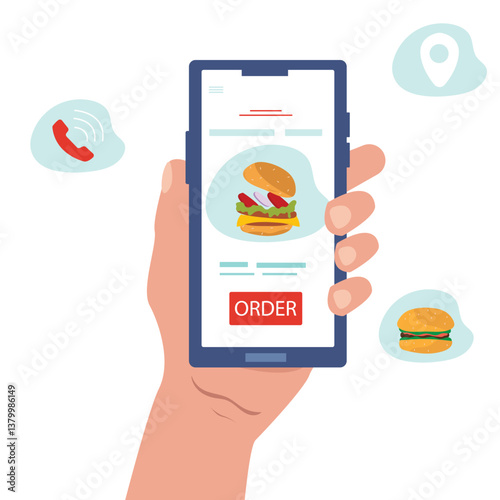 Customer's hand holding smartphone and ordering  burger online from restaurant. people buying  burger online. online  burger delivery. vector illustration.