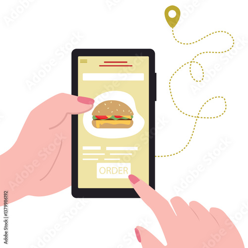 Customer's hand holding smartphone and ordering  burger online from restaurant. people buying  burger online. online  burger delivery. vector illustration.