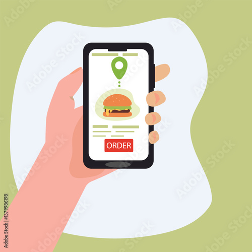 Customer's hand holding smartphone and ordering  burger online from restaurant. people buying  burger online. online  burger delivery. vector illustration.