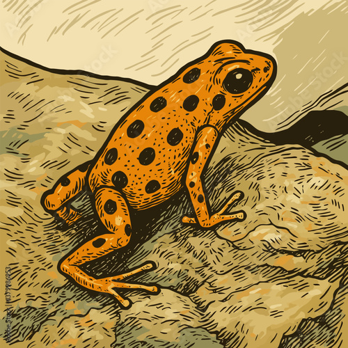 Orange Frog with Black Spots Sitting on a Textured Rock Surface