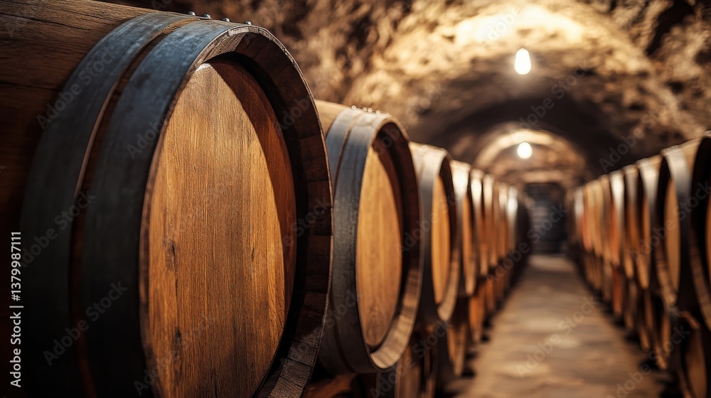 Rows of wooden barrels are neatly arranged in a dimly lit wine cellar. The atmosphere reveals the tradition of aging wine, creating an exquisite environment for enthusiasts to appreciate Rows of wooden barrels are neatly arranged in a dimly lit wine cellar. The atmosphere reveals the tradition of aging wine, creating an exquisite environment for enthusiasts to appreciate