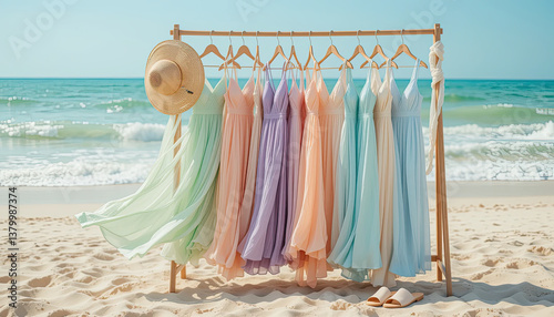 Flowing pastel summer dresses hanging on wooden rack with straw hat on sandy beach by turquoise sea under blue sky, romantic coastal fashion and vacation lifestyle aesthetic scene photo