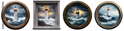 A collection of dramatic lighthouse and seascape scenes captured in ornate round and rectangular frames depicting powerful waves stormy skies and the commanding presence of the lighthouse beacons