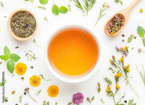 herbal tea in a white bowl with a wooden spoon, flat lay on a white background