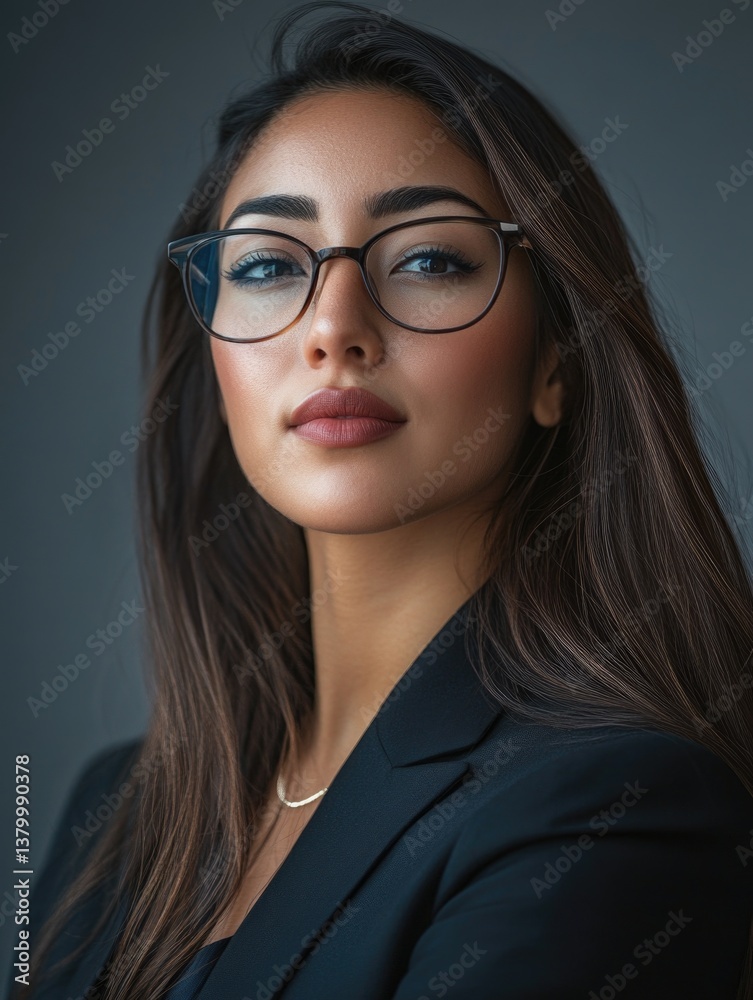 Fototapeta premium A woman with long brown hair and glasses is wearing a black jacket and necklace. She has a serious expression on her face