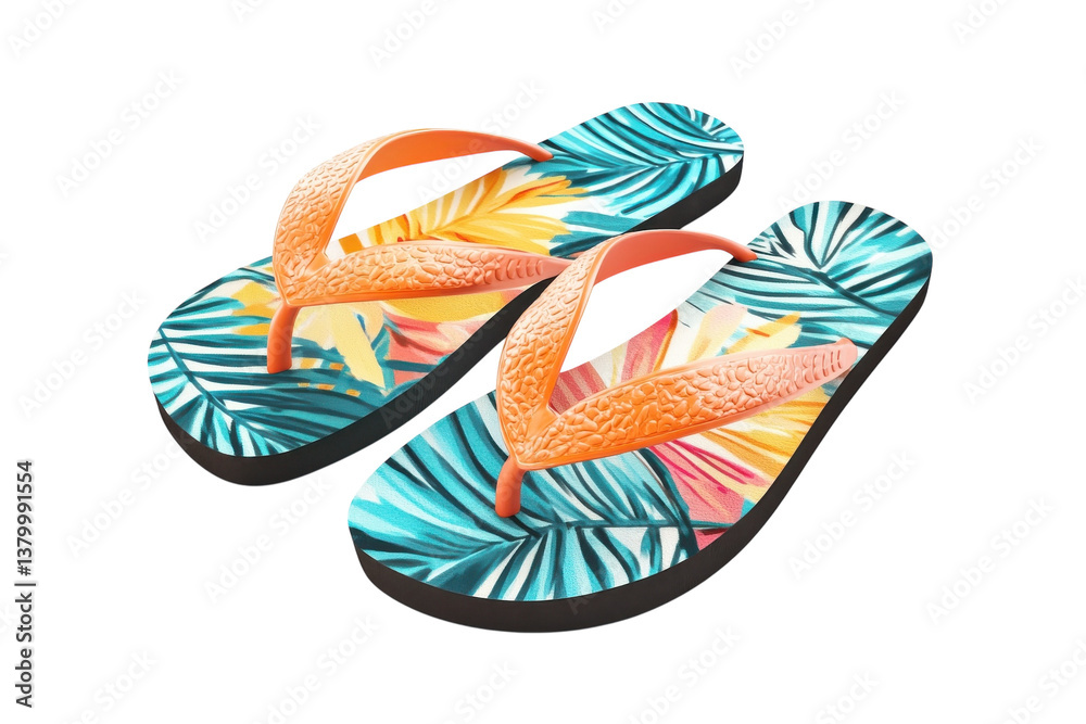 Naklejka premium Vibrant tropical flip flops adorned with colorful palm leaves for summer beach days