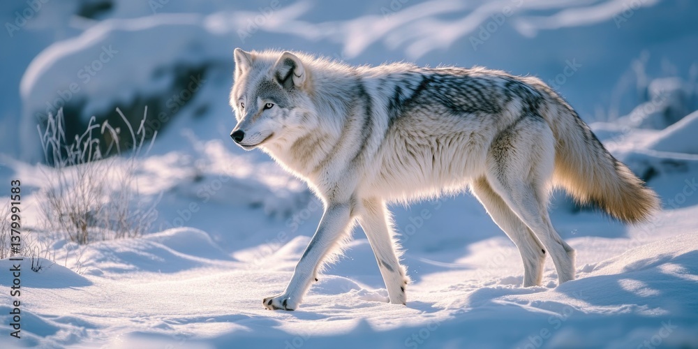 Fototapeta premium A wolf is walking through the snow. The snow is white and the wolf is white