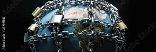 A globe is surrounded by chains and locks. Concept of confinement and restriction