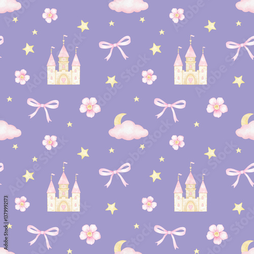 Castle, flowers, bow, stars. Watercolor seamless pattern in pastel colors. Cute watercolor illustration for children's textiles, wrapping paper, postcard