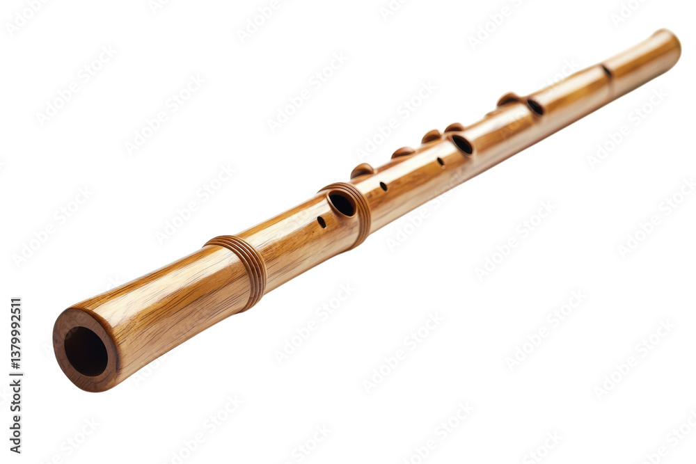 Naklejka premium Crafted wooden flute resting on a white surface, showcasing intricate design and natural beauty