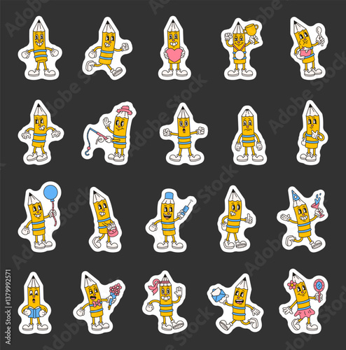 Groovy retro pencil characters in cartoon outline vintage funny expressive style with costumes emotions gestures activities and holiday elements