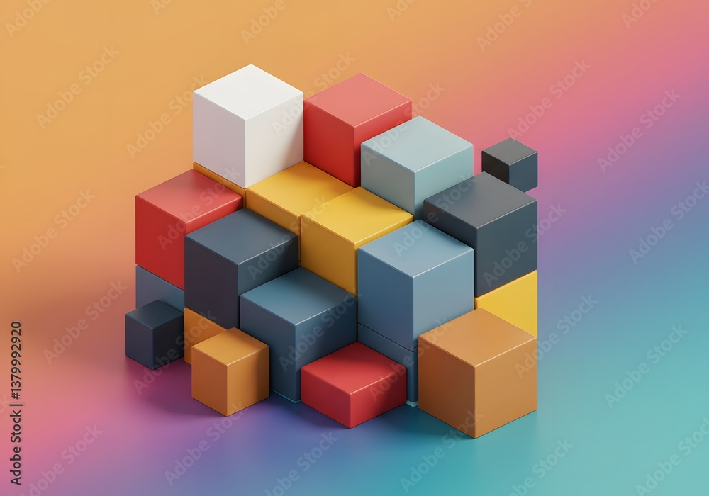 Obraz premium 3D Colorful Cubes Illustration Abstract Geometric Blocks, Modern Design, Colorful Background, Digital Art.