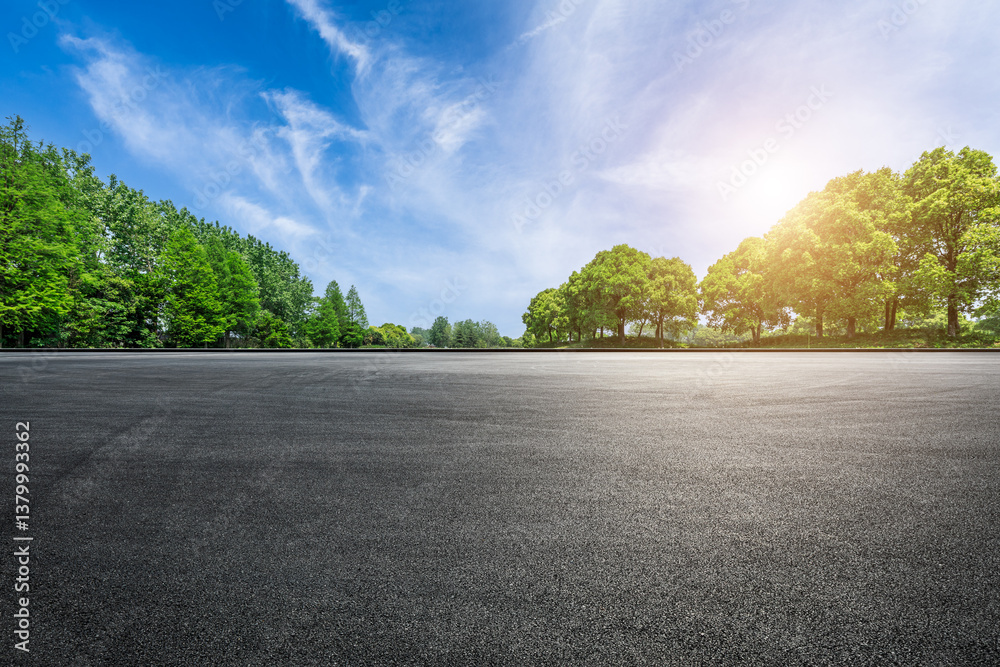 Empty asphalt road ground and lush green trees under a sunny blue sky