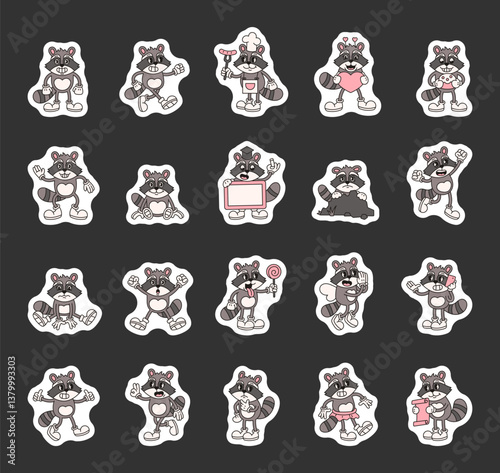 Groovy retro raccoon characters in cartoon outline vintage funny expressive style with emotions gestures costumes activities and everyday situations