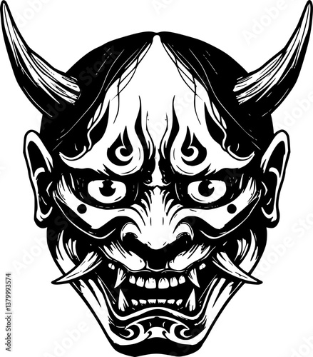 Hannya mask japan engraving black and white outline

