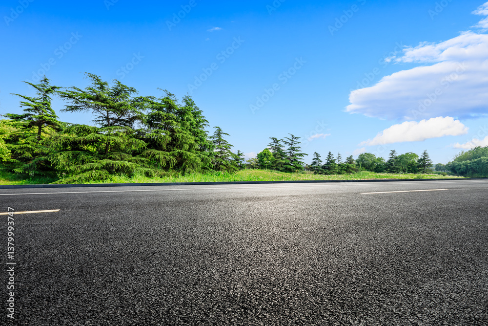 Empty asphalt road and lush green trees under a clear blue sky