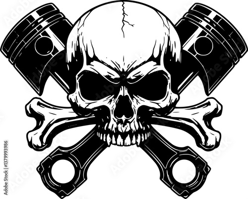 skull piston engraving black and white outline
