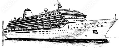 cruise ship engraving black and white outline
