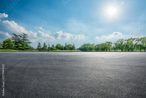 Fototapeta Naklejka Na Ścianę i Meble -  Empty asphalt road and green trees on a sunny day