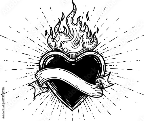love shape fire burning engraving black and white outline
