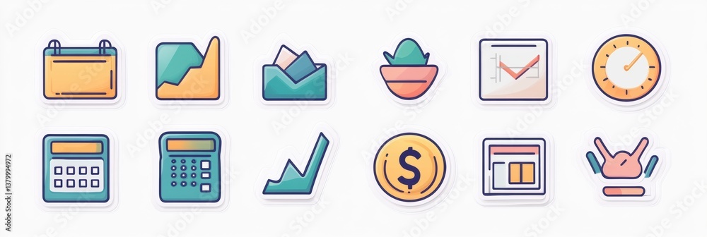 Business-themed sticker pack featuring minimalist icons like calculator, calendar, dollar signs, and graphs for modern communication Business-themed sticker pack featuring minimalist icons like calculator, calendar, dollar signs, and graphs for modern communication