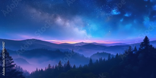 Wallpaper Mural Illustration of Serene Night Sky Over Mountain Landscape   Torontodigital.ca