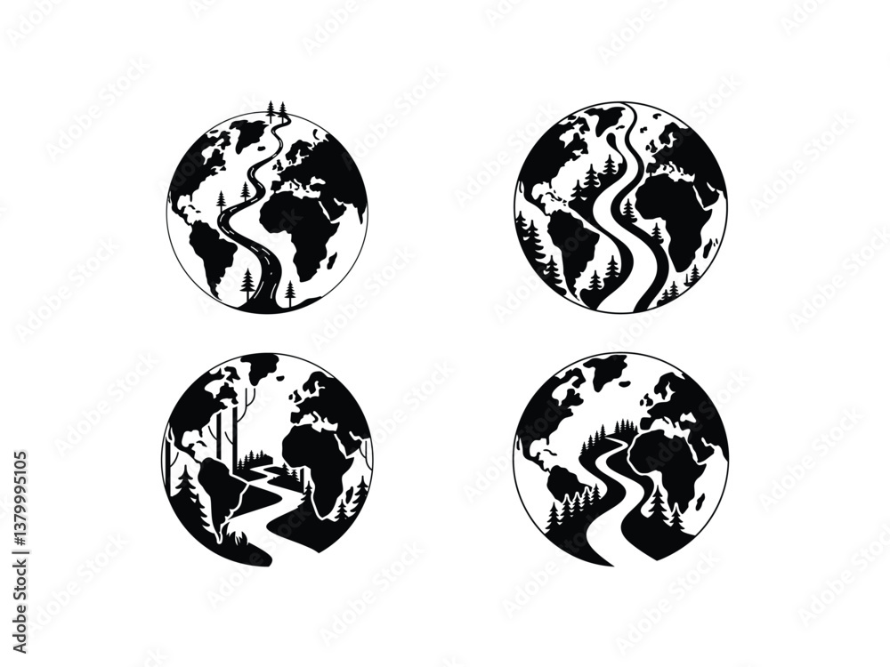 Obraz premium Earth with Forest and River Silhouettes Vector Illustration