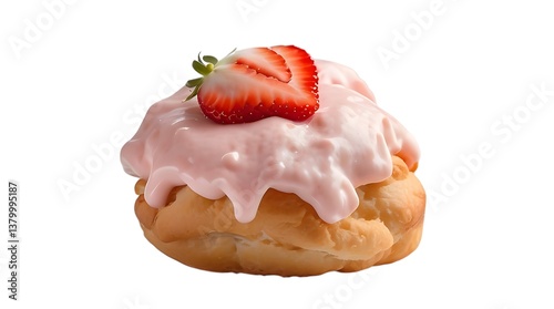 Strawberry-Topped Cream Puff Isolated on White....