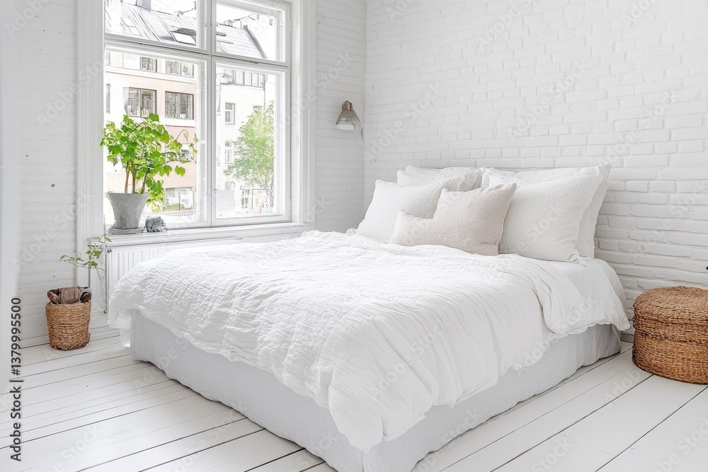 Fototapeta premium A modern Nordic-style apartment in Helsinki, featuring minimalist decor, large windows, and indoor plants