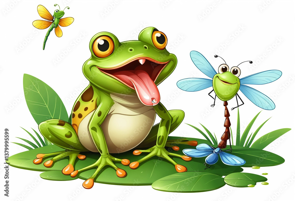 Obraz premium A frog is sitting on a leaf next to a dragonfly