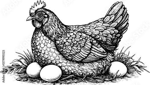 hen chicken egg engraving black and white outline
