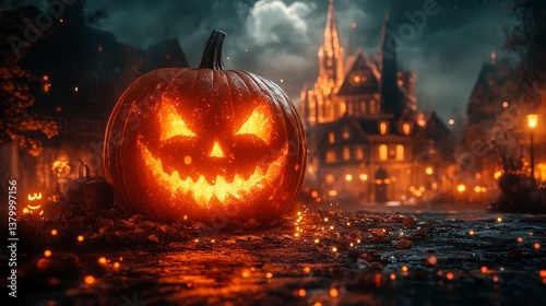 Glowing carved pumpkin on spooky street during nighttime for Halloween celebration