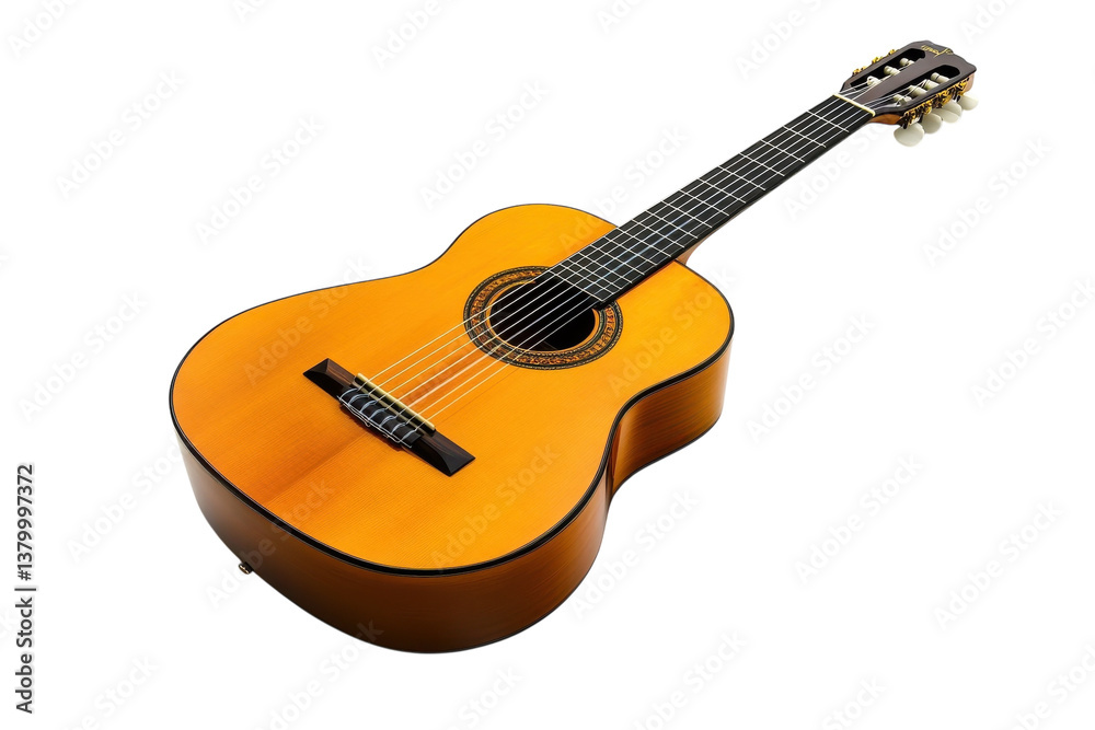 Fototapeta premium A beautifully crafted classical guitar with rich tones and elegant design resting on a soft surface
